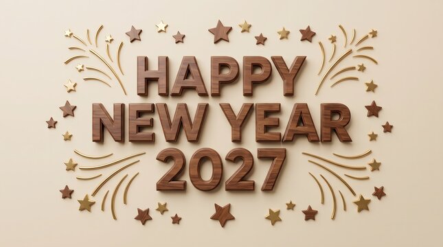 Happy new year 2027 greeting card with 3d wooden letters and golden decorative stars and fireworks on a beige background