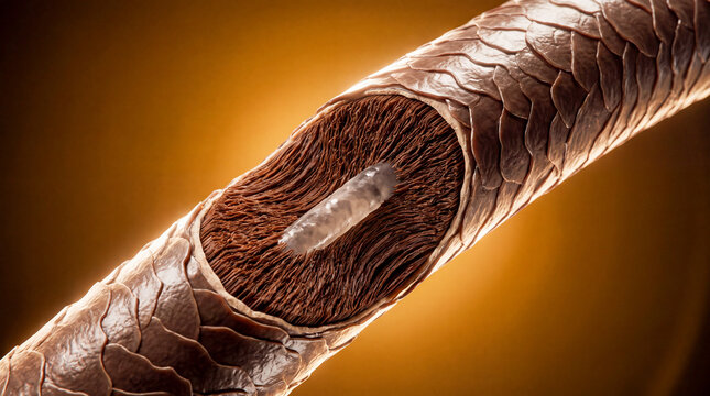 3D illustration of the structure of a human hair in section under a microscope. The cuticle, cortex, and core are visible. Visual aid for hair care, cosmetics and trichology