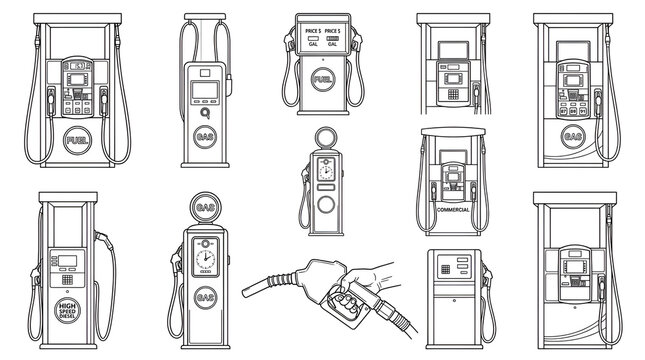 Gas Pump and Fuel Nozzle Line Art Icons Grid
