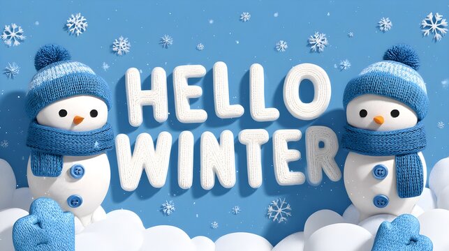 Hello Winter text between two snowmen with blue knit hats and mittens