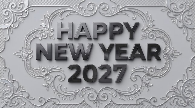 Happy new year 2027 3d text with elegant silver ornamental frame on a textured grey background