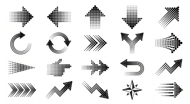 Modern dotted halftone arrow collection editable monochrome vector set