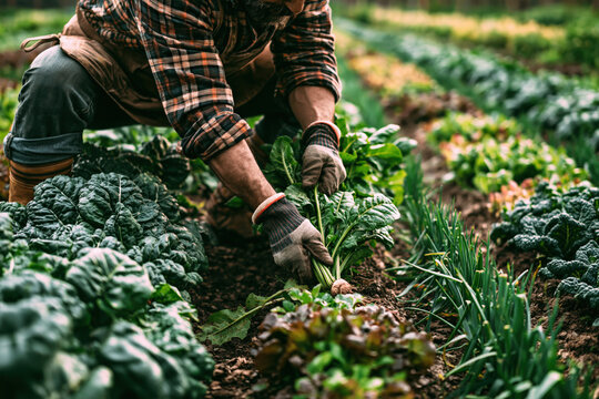 Organic vegetable farm neat rows of diverse crops farmers han