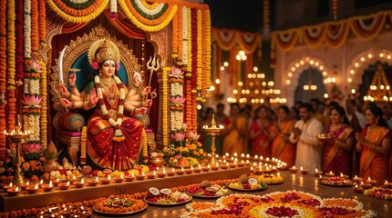 Fototapeta premium Goddess Durga idol decorated with flowers and oil lamps during a traditional Hindu festival