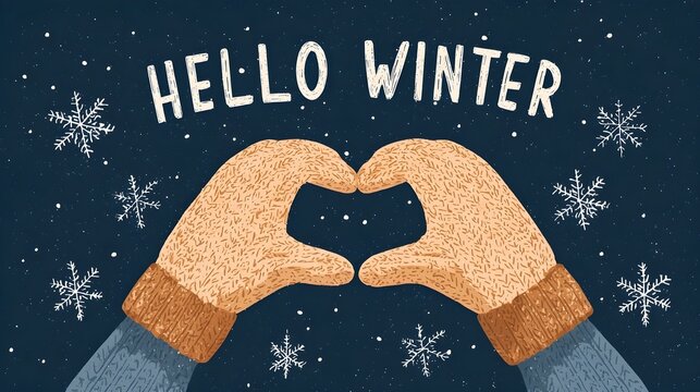 HELLO WINTER lettering with hands in mittens forming heart on snowy night