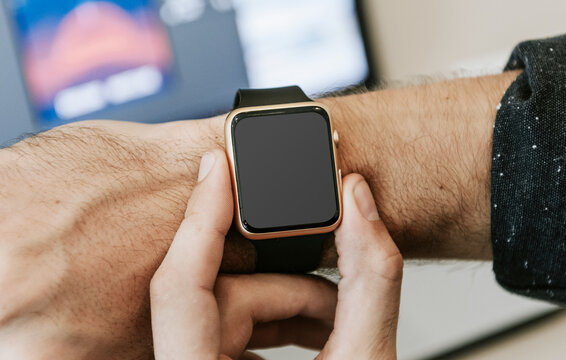 Modern smartwatch on wrist photo, suitable as mockup