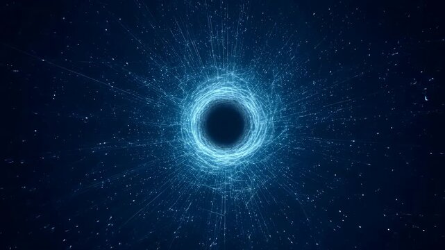 Glowing circular energy form expands with bright blue particles radiating outward in dark abstract space environment creating dynamic luminous motion and flowing visual patterns