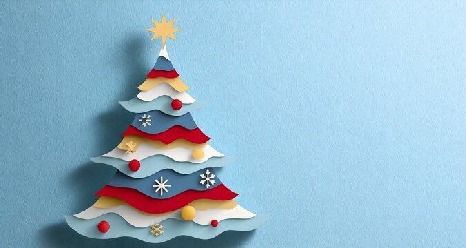 Layered paper cut Christmas tree with colorful ornaments on blue wall