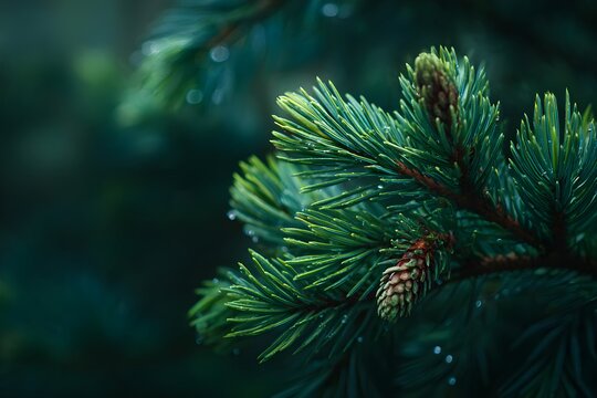 Macro evergreen branch with small pine cones and water droplets close-up