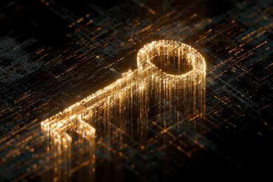 Encryption key concept glowing golden key made of data stream