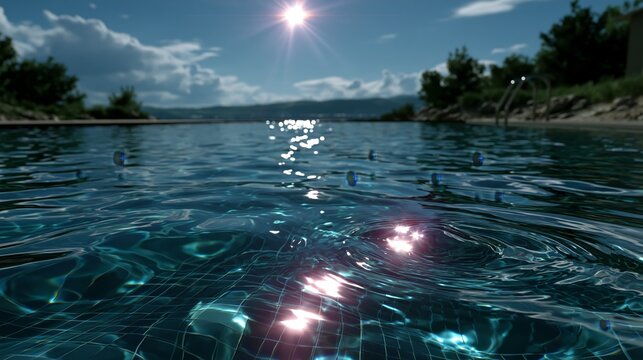 Luxury swimming pool with sparkling water at night. Vacations concept