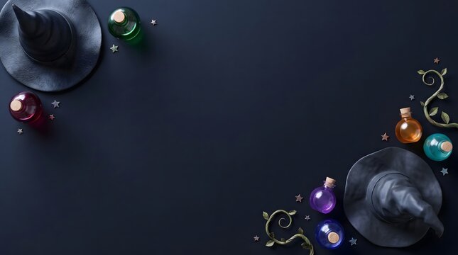Festive halloween 3d witch hat and potion background featuring colorful magic bottles and dark empty space for text