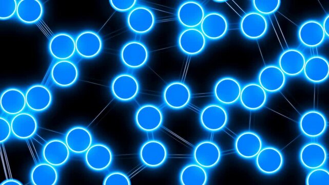 Glowing blue circular particles flow and connect across dark background creating dynamic network patterns with bright outlines, smooth motion trails, and abstract digital-inspired visual movement