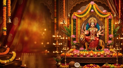 Fototapeta premium Goddess Durga idol decorated with flowers and oil lamps for Navratri festival celebration