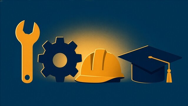 Vector illustration of a wrench, gear, hard hat and graduation cap on a dark blue background, concept of vocational education, technical training and skilled trades.