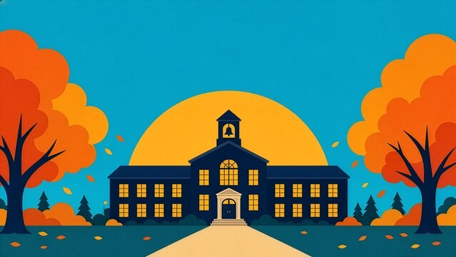 Vector illustration of a school building with a bell tower surrounded by autumn trees at sunset, concept of back to school, education and fall season.