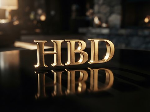 Golden HBD birthday letters on black reflective surface. Elegant 3D gold typography for happy birthday greeting. Luxury party decor.