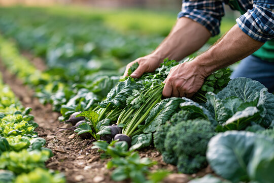 Organic vegetable farm neat rows of diverse crops farmers han