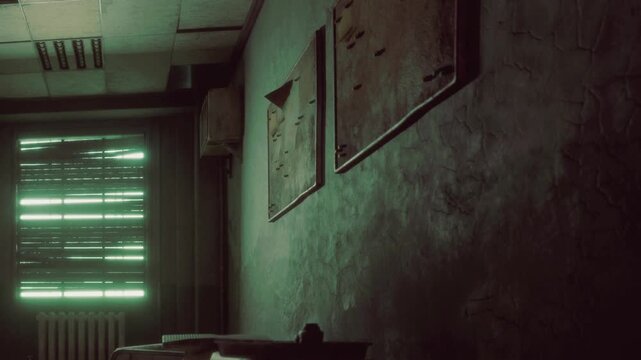 The scene shows a room with peeling walls and worn out furniture. A window lets in limited light, highlighting the dust and neglect. Two empty frames hang on the wall.