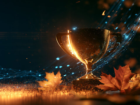 Golden trophy with autumn leaves and glowing light effects on a dark background