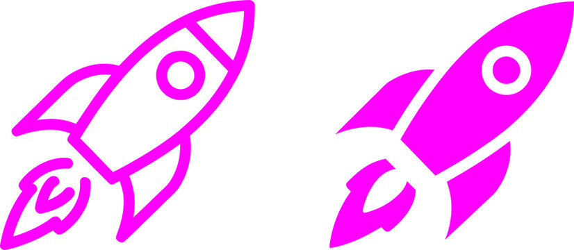 Two bright pink rocket ship icons featuring outline and solid fill styles isolated on white background transparent background