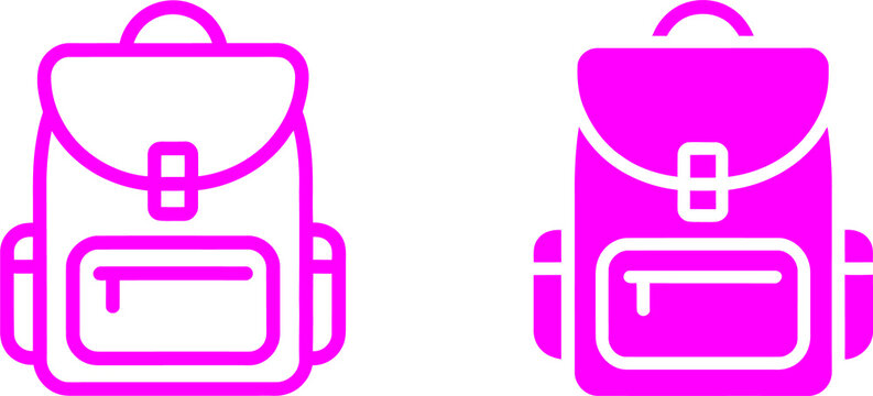 Two flat vector icons of school backpacks in bright neon magenta transparent background