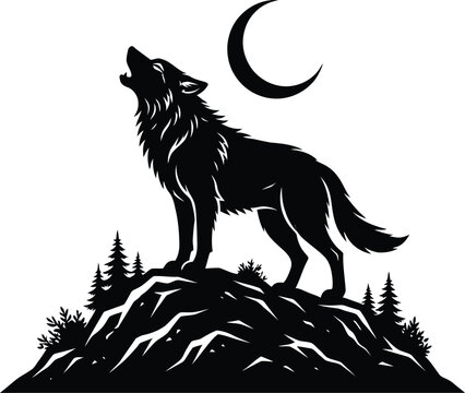 Wolf silhouette stands atop a rocky hill under a crescent moon
