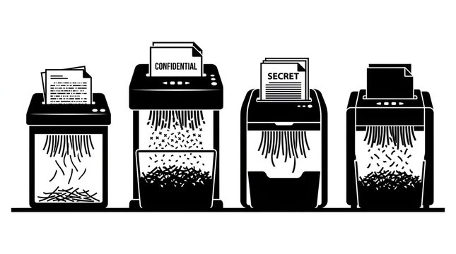 Silhouette of Office Paper Shredders Destroying Confidential Documents on White Background