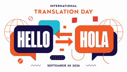 Colorful international translation day design featuring hello and hola speech bubbles © Naymul