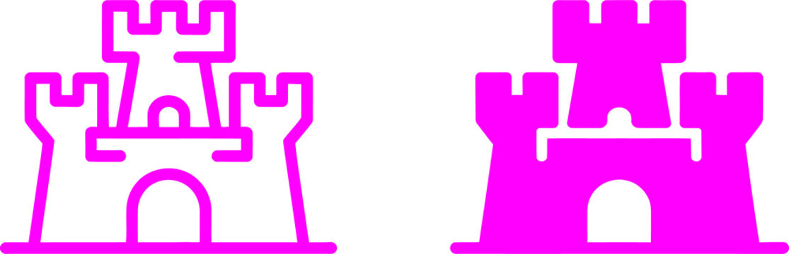 Two bright pink castle icons showing a solid and outlined design for children games and medieval fairytale projects transparent background