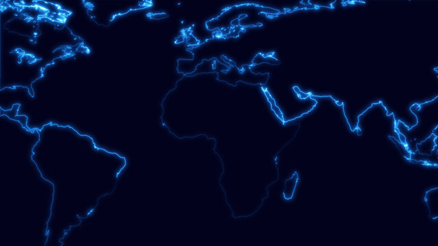 Glowing world map outline represents global technology communication. Glowing world map outline for international networking. Glowing world map outline background for corporate earth logistics.