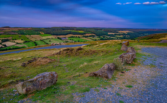 View of the North York Moors at sunset in Summertime