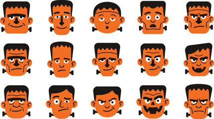 Obraz premium Set of cartoon frankenstein monster faces showing different emotions and expressions for halloween design projects
