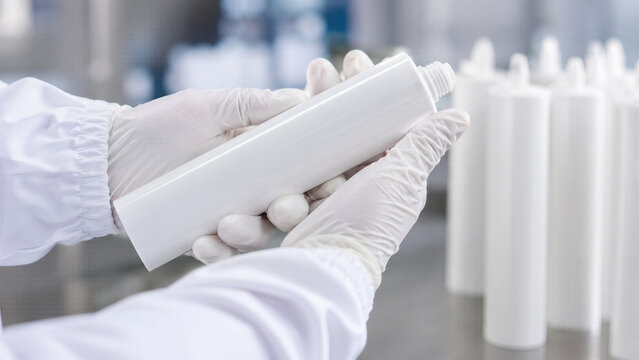 Worker in white gloves holding sealant cartridge at production line. Quality control of silicone adhesive tube at factory. Sealant manufacturing and packaging concept.