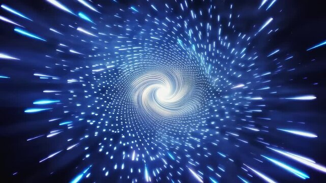 Abstract blue particle vortex tunnel with spiraling light streaks moving toward bright center