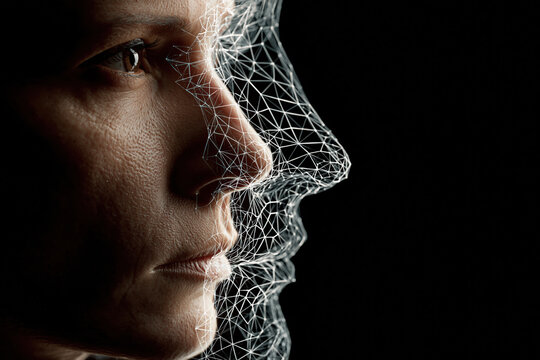 Half human face half digital wireframe face seamless transiti