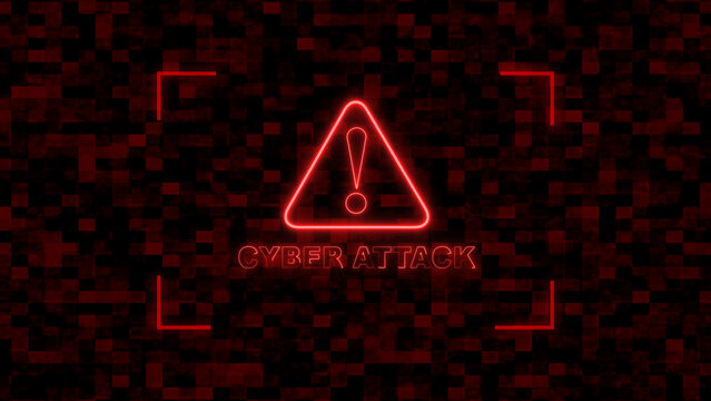 Neon exclamation mark in triangle represents cyber attack warning alert. Neon exclamation mark for system security danger. Neon exclamation mark background for network error info.