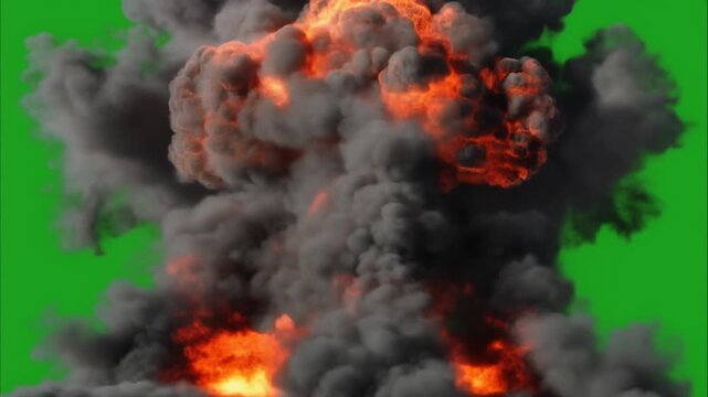 Massive mushroom cloud explosion with intense fire and dark smoke against a green screen background