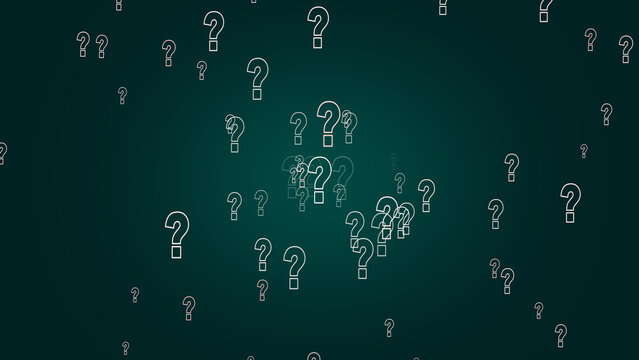 Question marks on dark teal background represent unknown info queries. Question marks for data search problem layouts. Question marks background for digital riddle solving media.