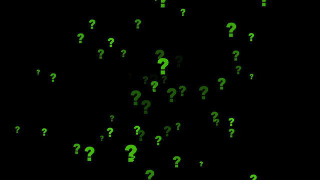 Question marks floating on black background represent unknown info queries. Question marks for data search problem layouts. Question marks background for digital riddle solving media.