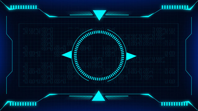 HUD with binary code and circle target represents futuristic interface technology. HUD for digital display screen border overlay. HUD background for advanced software data tracking.