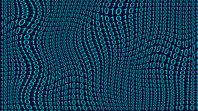 Wavy pattern of binary code on dark background represents futuristic technology. Wavy pattern of binary code for digital data layout. Wavy pattern of binary code background for info.