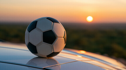 Football resting on a car hood during a warm evening, sports travel, fan lifestyle, transportation, sunset background, with copy space