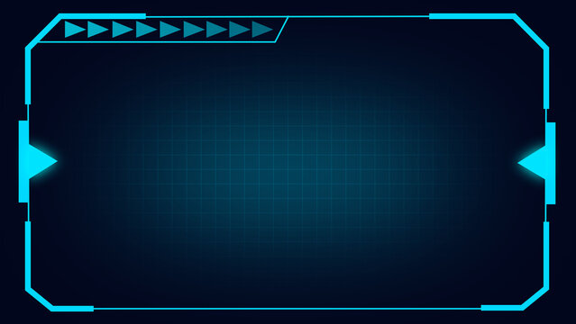 Neon HUD frame with grid and arrows represents interface technology. Neon HUD frame for digital display screen border layout. Neon HUD frame background for futuristic software info.