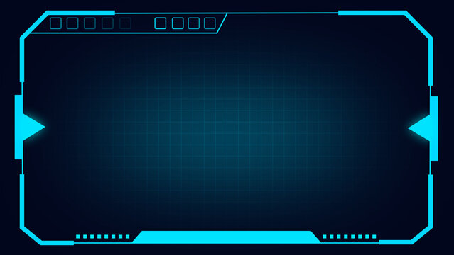 Neon HUD frame with squares and dots represents interface technology. Neon HUD frame for digital display screen border layout. Neon HUD frame background for futuristic software info.