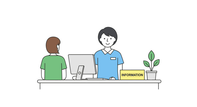 Receptionist assisting customer at information desk with computer and plant