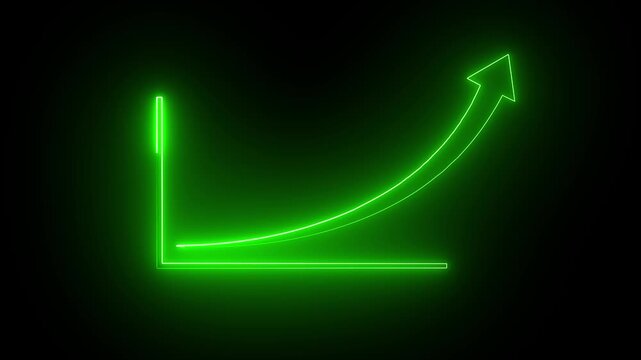 Neon green financial growth chart rising arrow animation on black background, glowing finance business