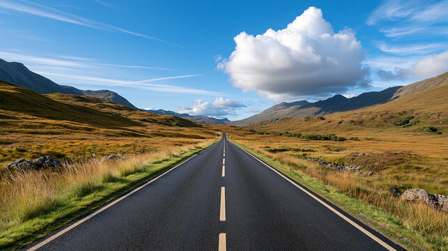 Scenic road disappearing between rolling hills beneath dramatic clouds, travel journey, transportation, adventure background, with copy space
