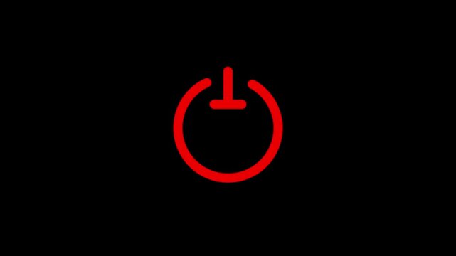 Red power button icon animation loading and activation sequence on black background, switch start