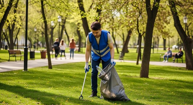 Dedicated volunteer actively cleaning a public park, diligently collecting litter to preserve the environment and promote a healthier community space on a bright day